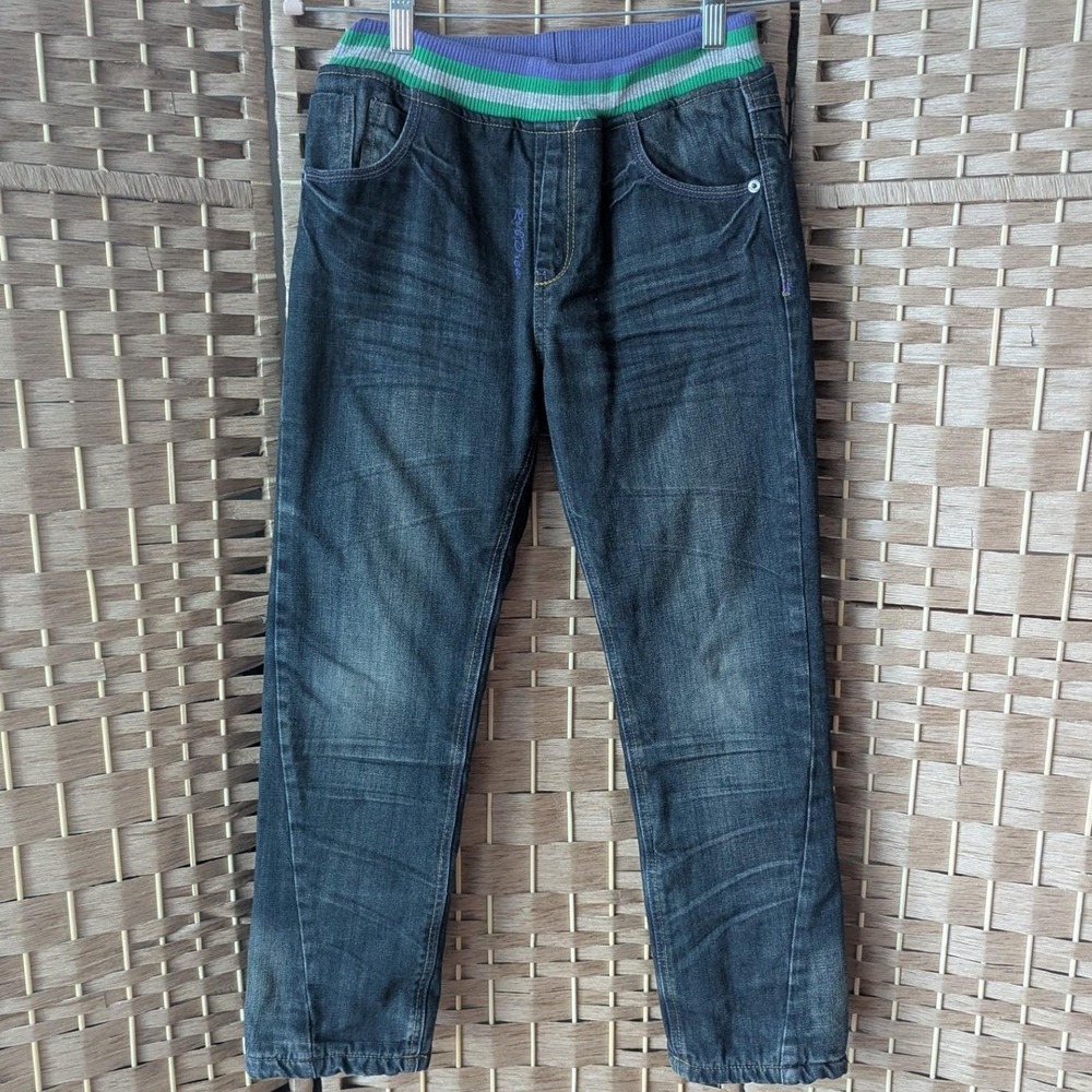 VTG Y2K Flannel Lined Plaid Trim Jeans Elastic Waist‎ Dark Wash Denim Pop Punk